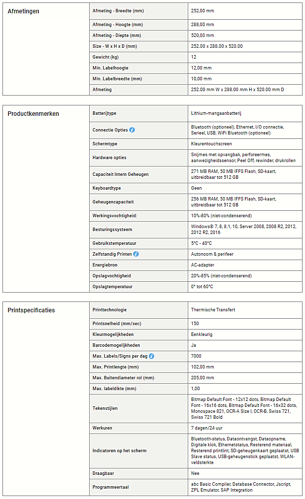 Specificatie BradyPrinter i7100 Labelapplicator lab app salm en kipp